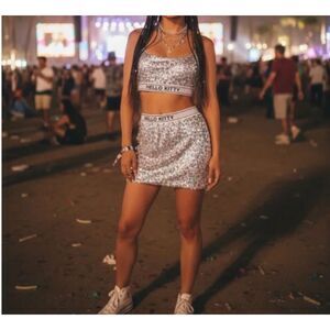 Hello Kitty Silver Sequin Crop Top & Mini Skirt Set - Womens S